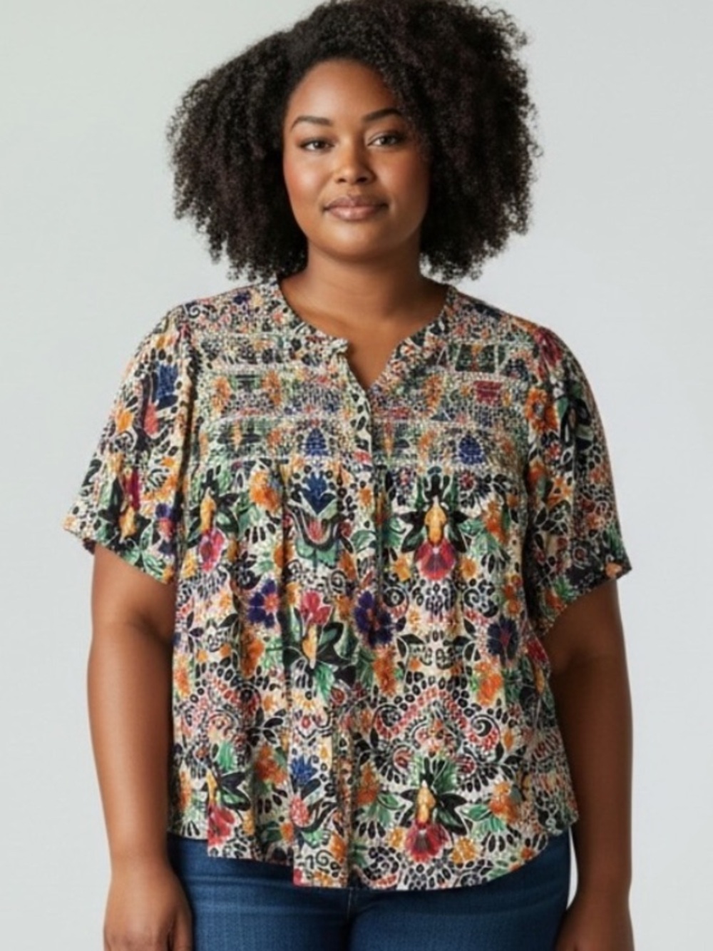 INTRO.  Women’s Colorful Print Rayon Short Sleeve Blouse